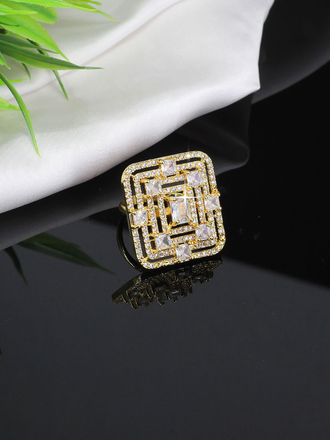 

PRIVIU Gold Plated American Diamond Studded Adjustable Finger Ring