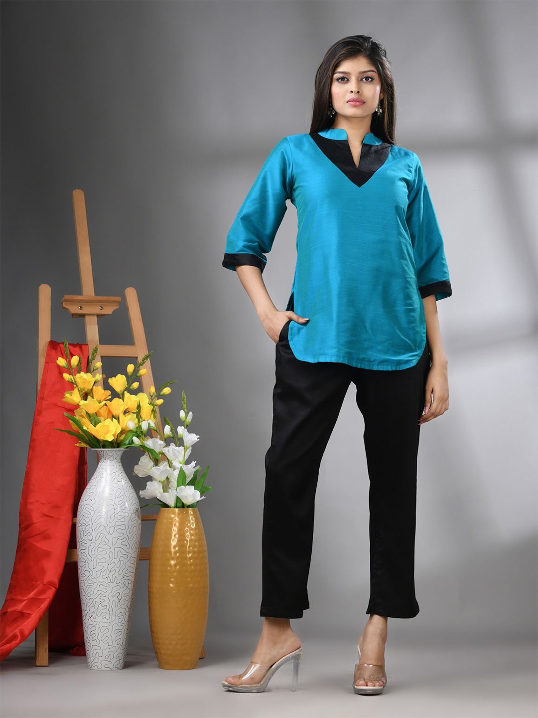 

Charukriti Women Solid Bangalore Silk Longline Shirt Style Top, Blue