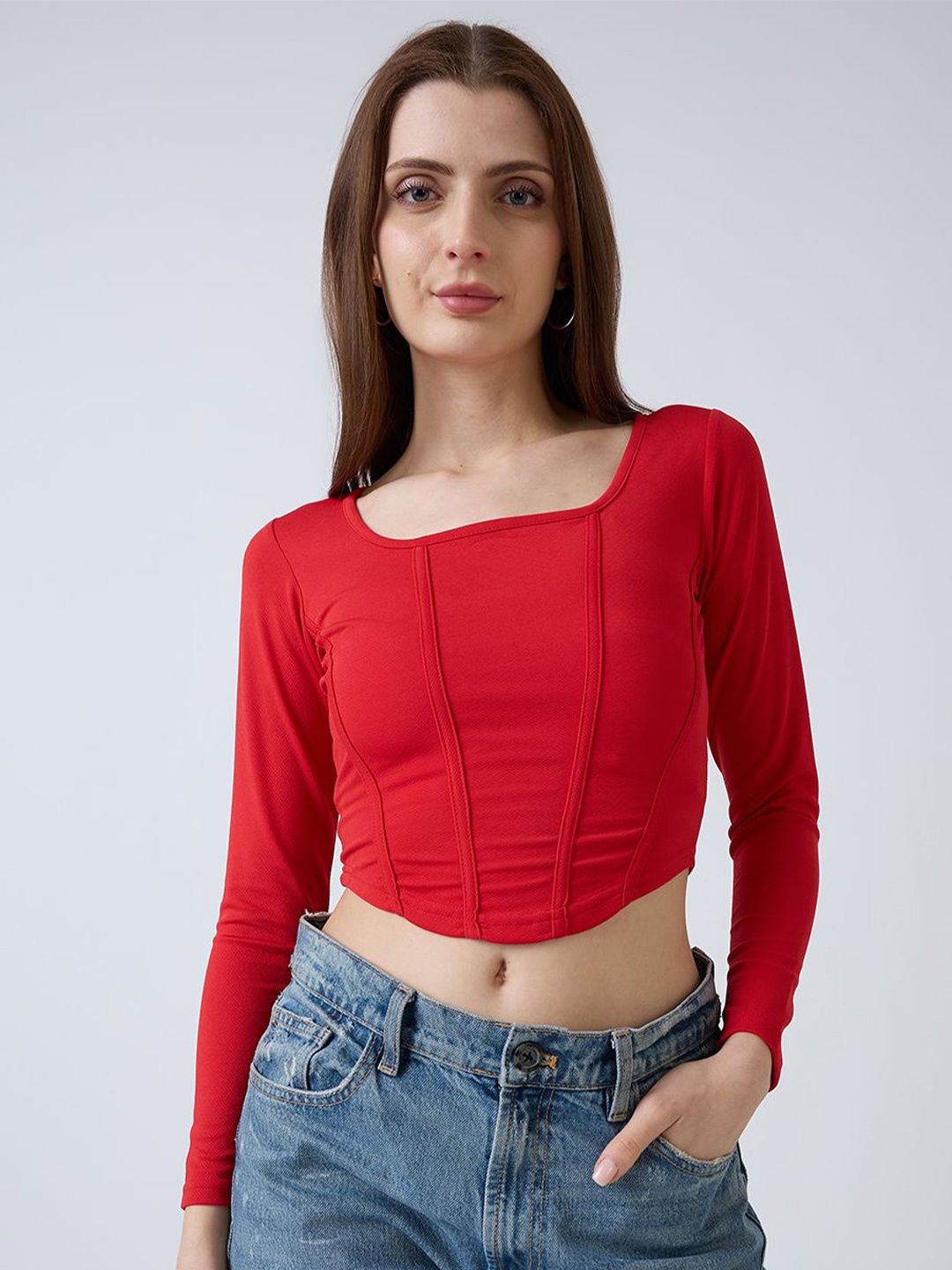 

SZN Women Solid Corset Crop Top, Red
