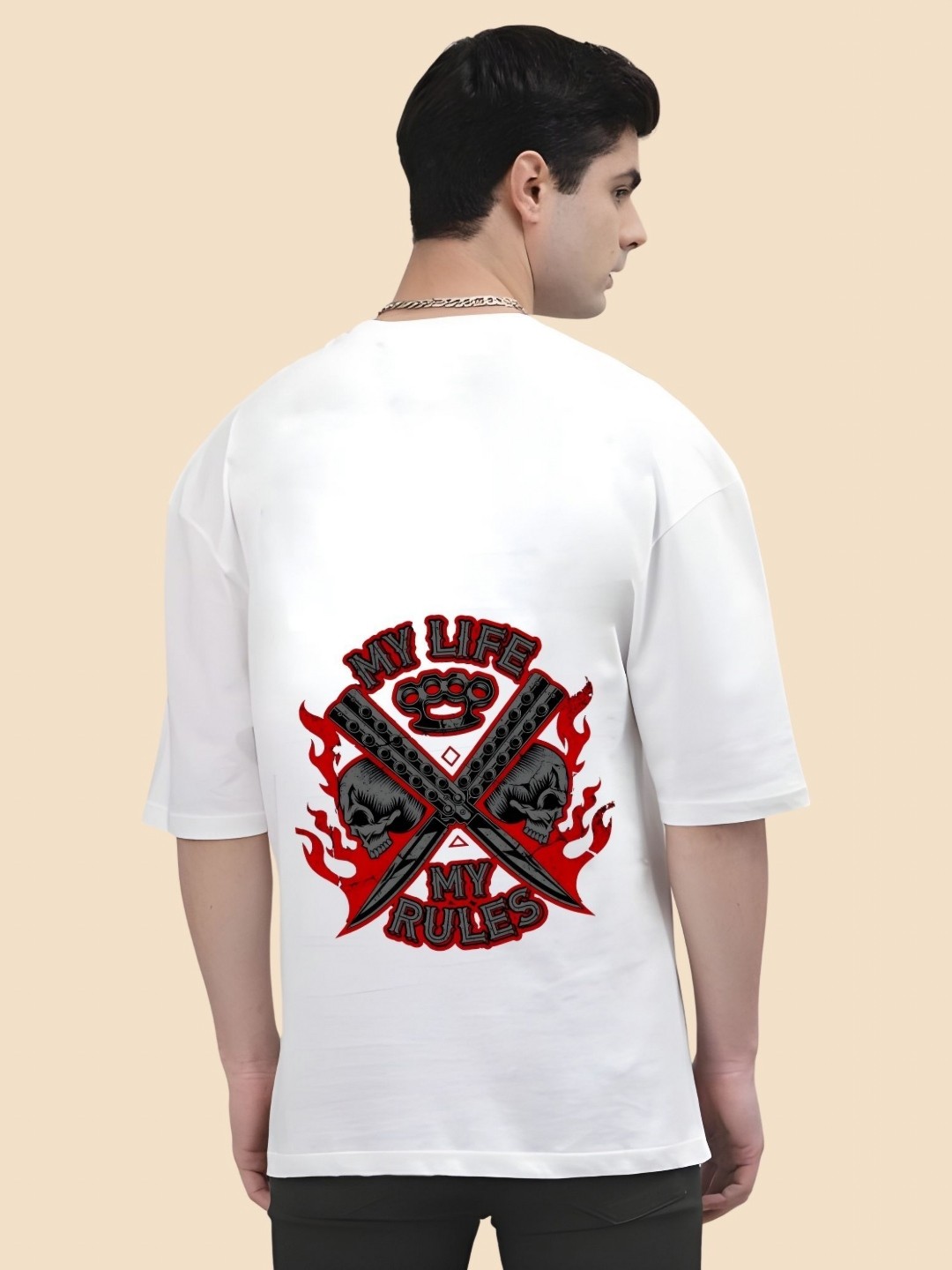 

SZN Men Graphic Printed Round Neck Cotton Oversized T-shirt, White