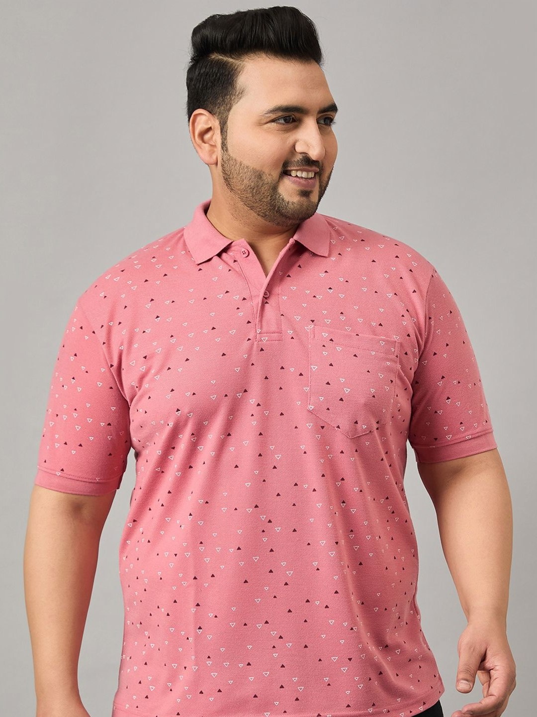

MXN Men Plus Size Geometric Printed Polo Collar Cotton T-shirt, Peach