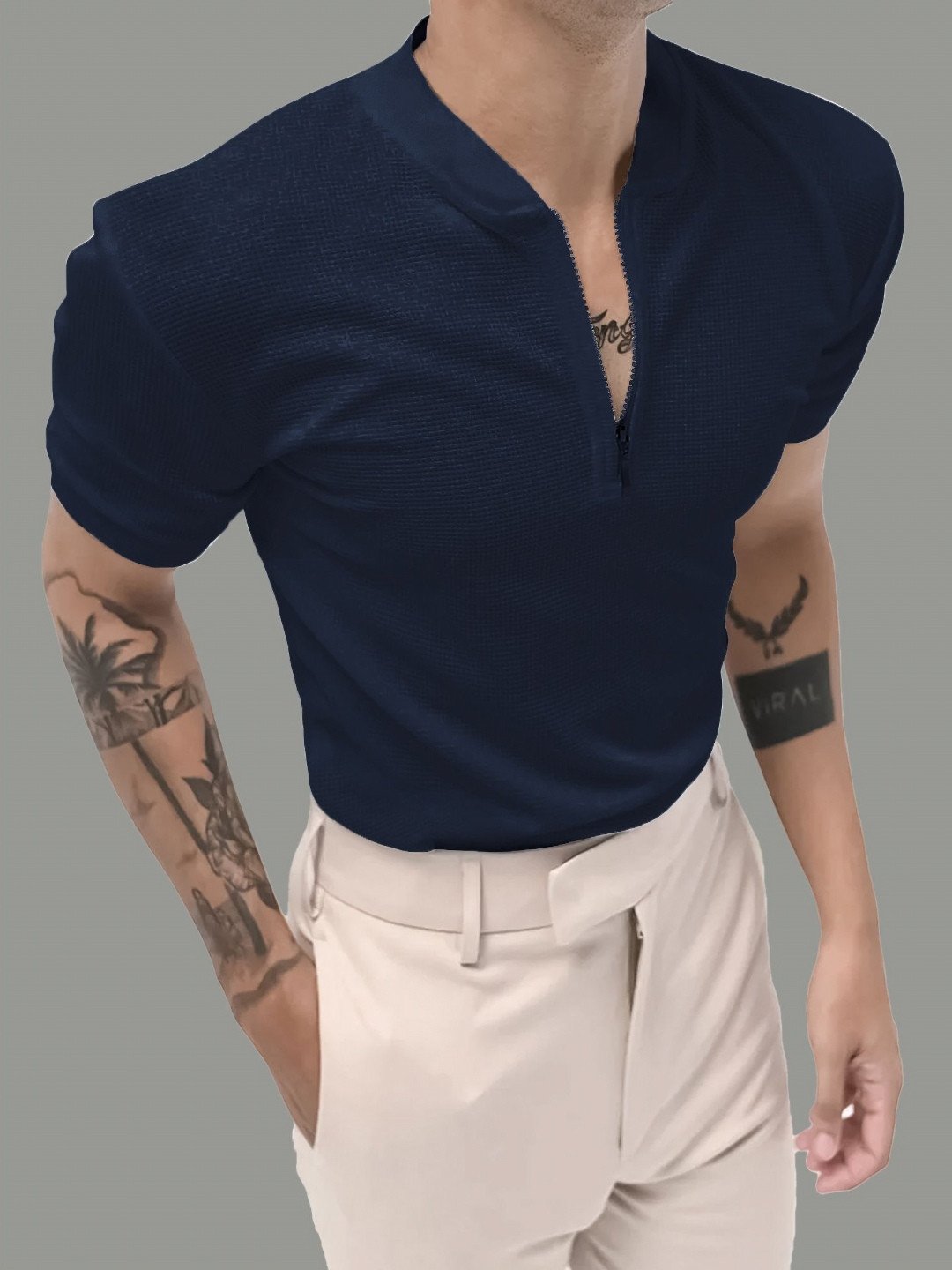

JUMPCUTS Men Solid Henley Neck Cotton T-shirt, Navy blue