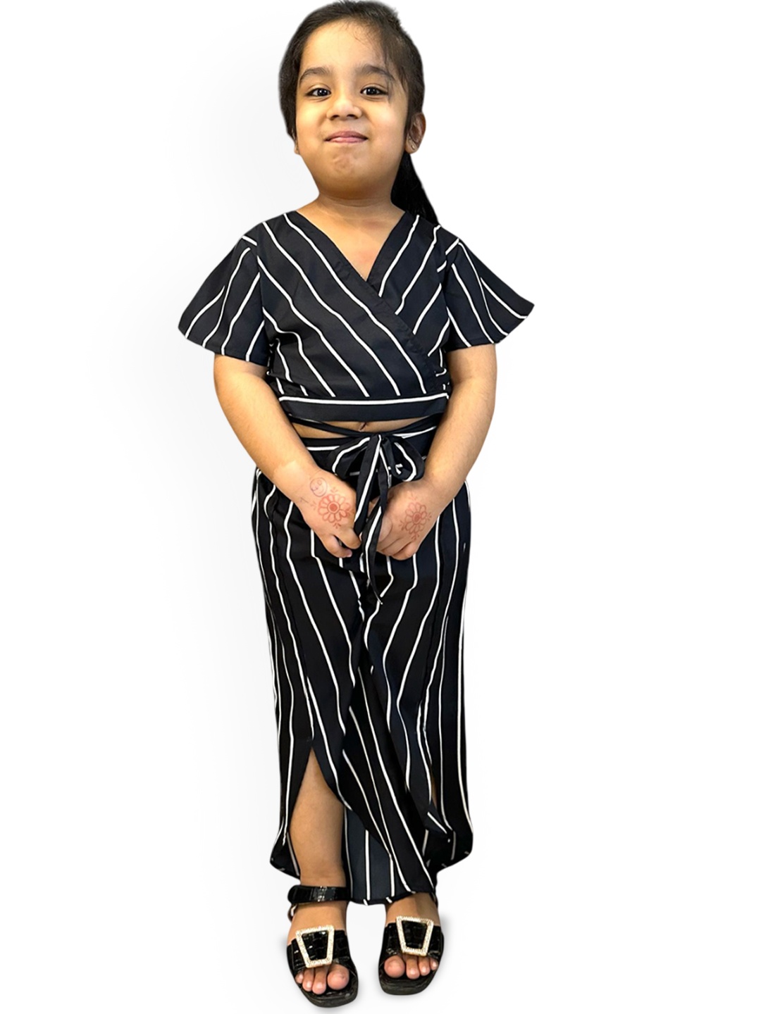 

Samsara Couture Girls Striped V-Neck Top With Palazzo, Black
