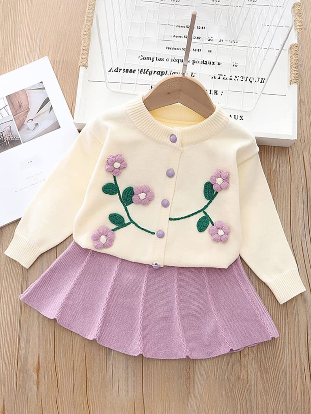 

Bold N Elegant Girls Emboidered Sweater Top With Midi Skirt, Cream