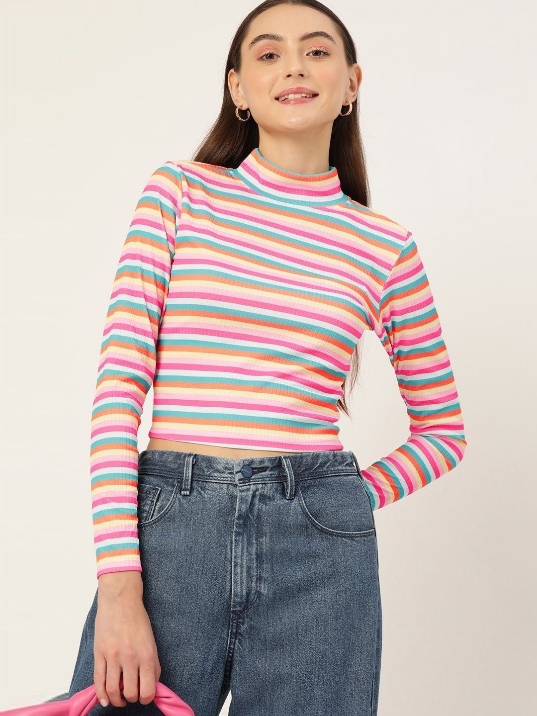 

DressBerry Women Striped High Neck Slim Fit T-shirt, Pink