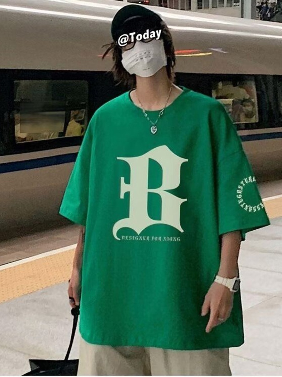 

StyleCast x Revolte Men Printed Raw Edge Boxy T-shirt, Green