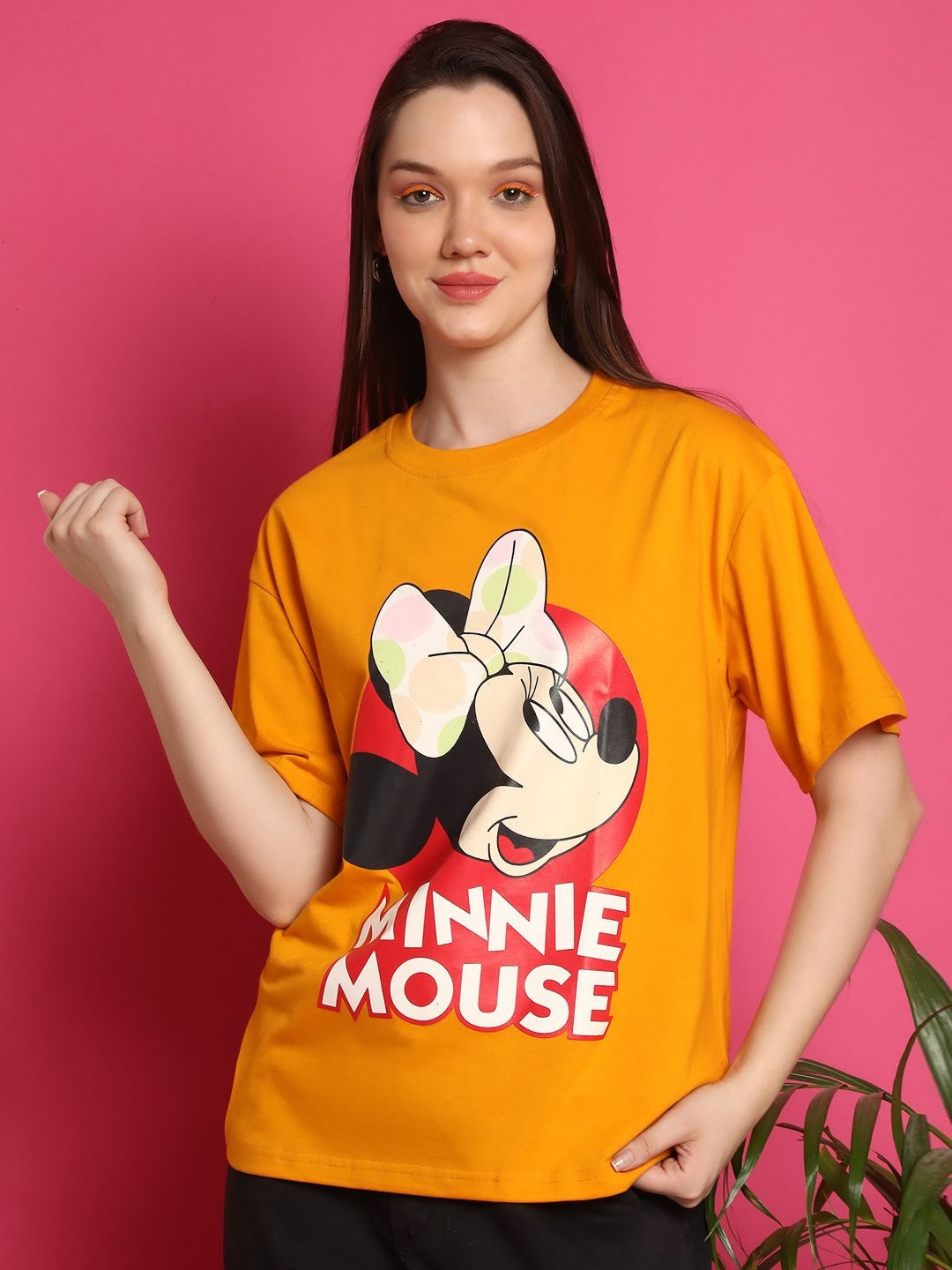 

Dreambe Women Minnie Mouse Graphic Printed Round Neck Cotton Oversized T-shirt, Orange