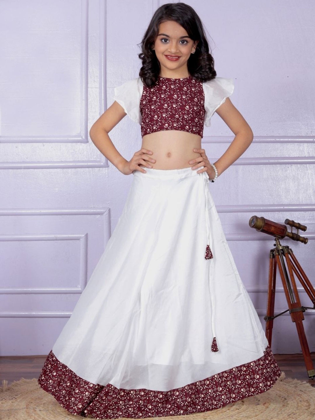 

Anneca Girls Printed Flared Sleeves Ready to Wear Lehenga And Blouse, Maroon