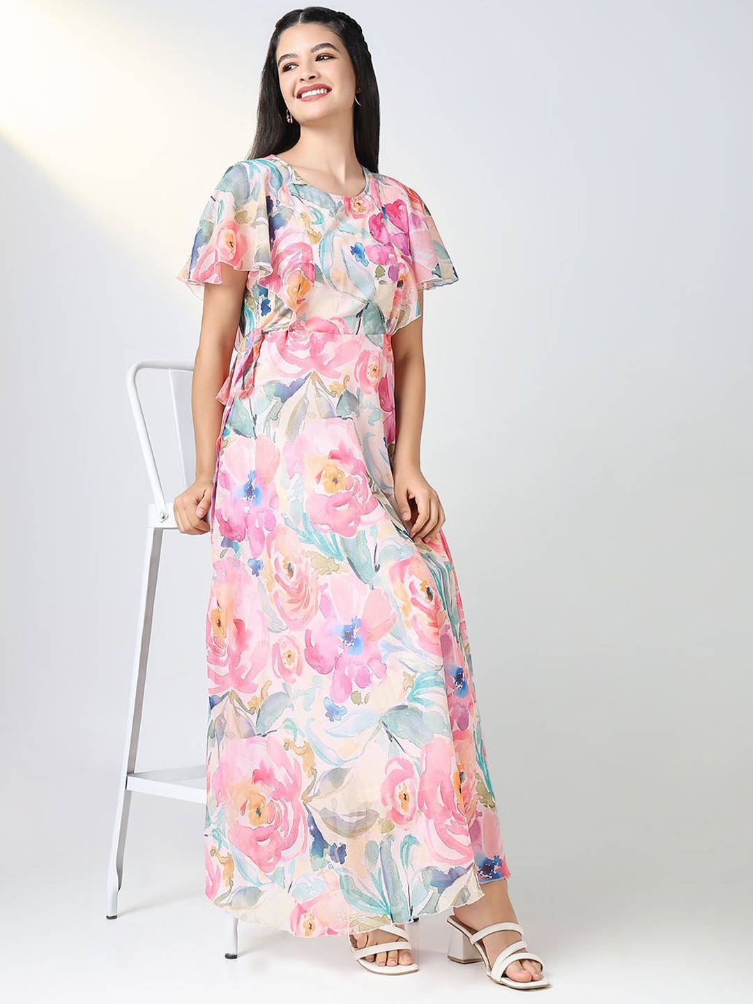 

SHOWOFF Floral Print Flutter Sleeve Chiffon Fit & Flare Maxi Dress, Pink