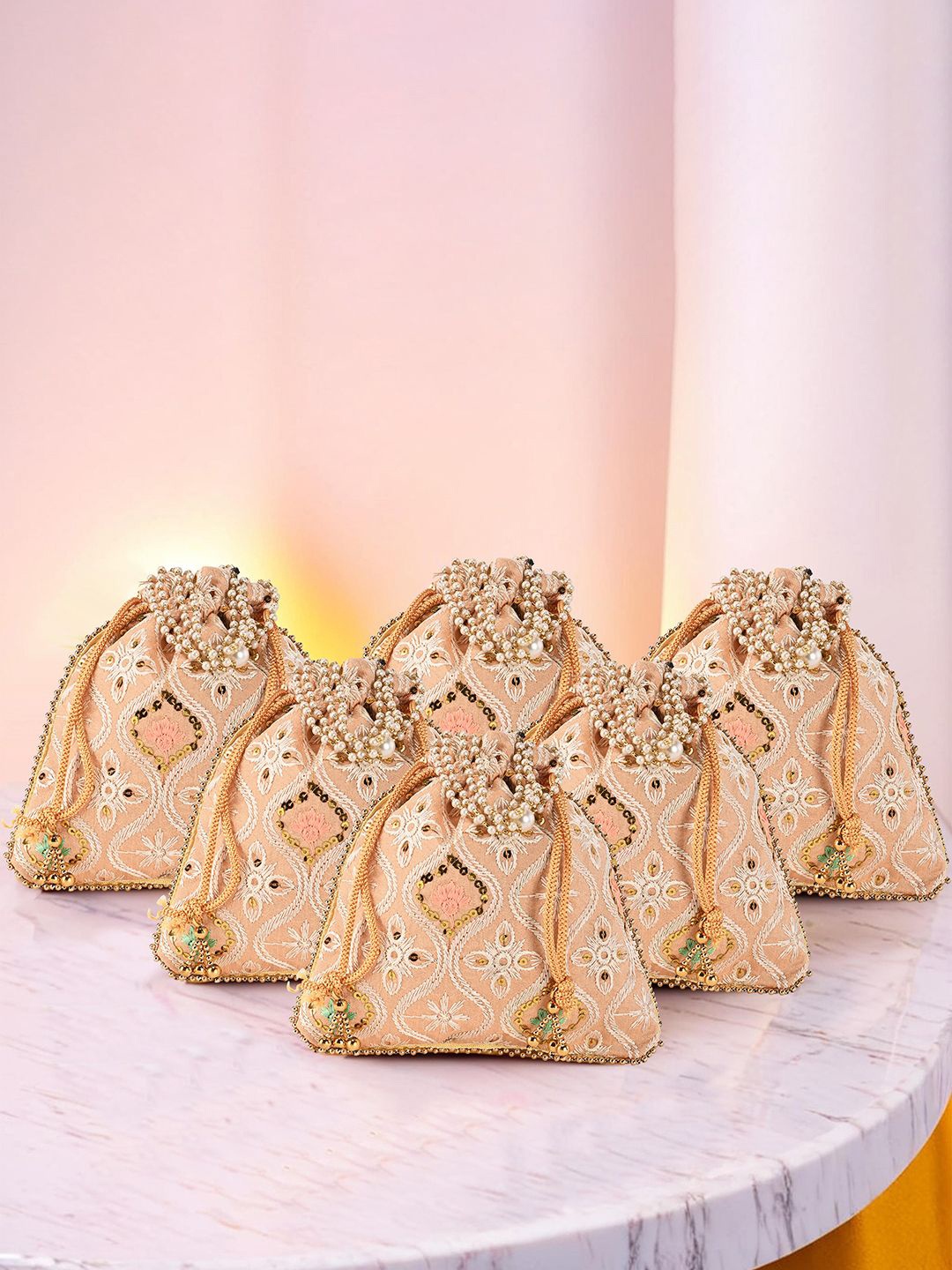 

Kuber Industries 6 Pieces Embroidered Potli Bags, Peach