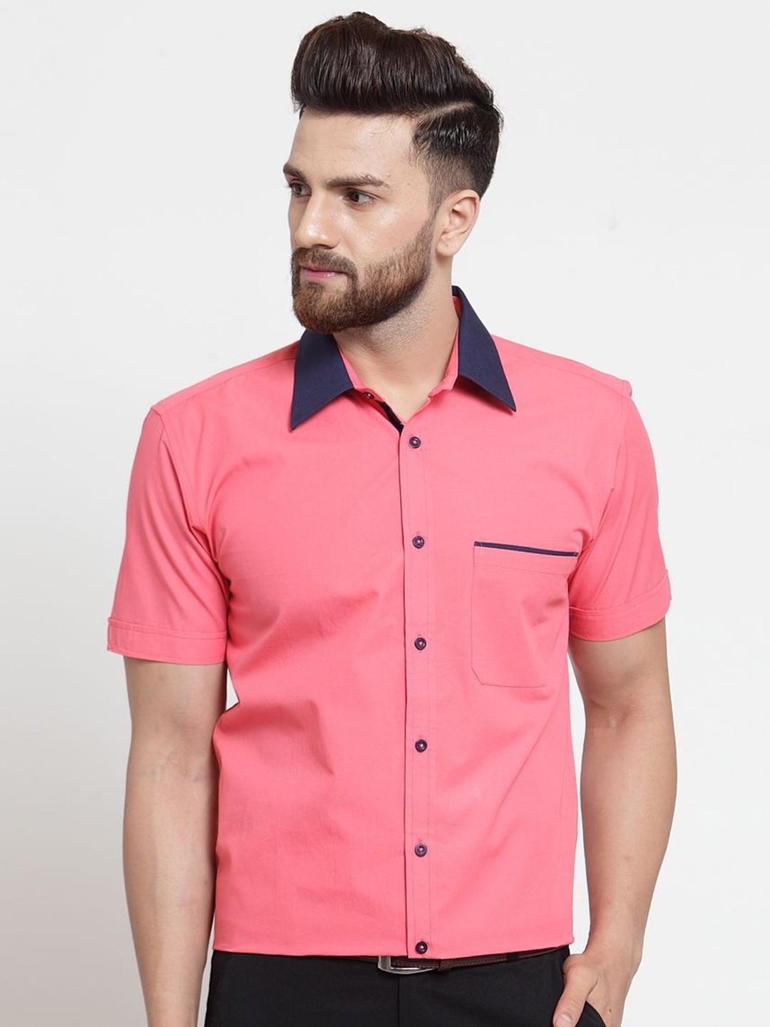 

Moda Rapido Men India Slim Fit Spread Collar Solid Cotton Formal Shirt, Coral