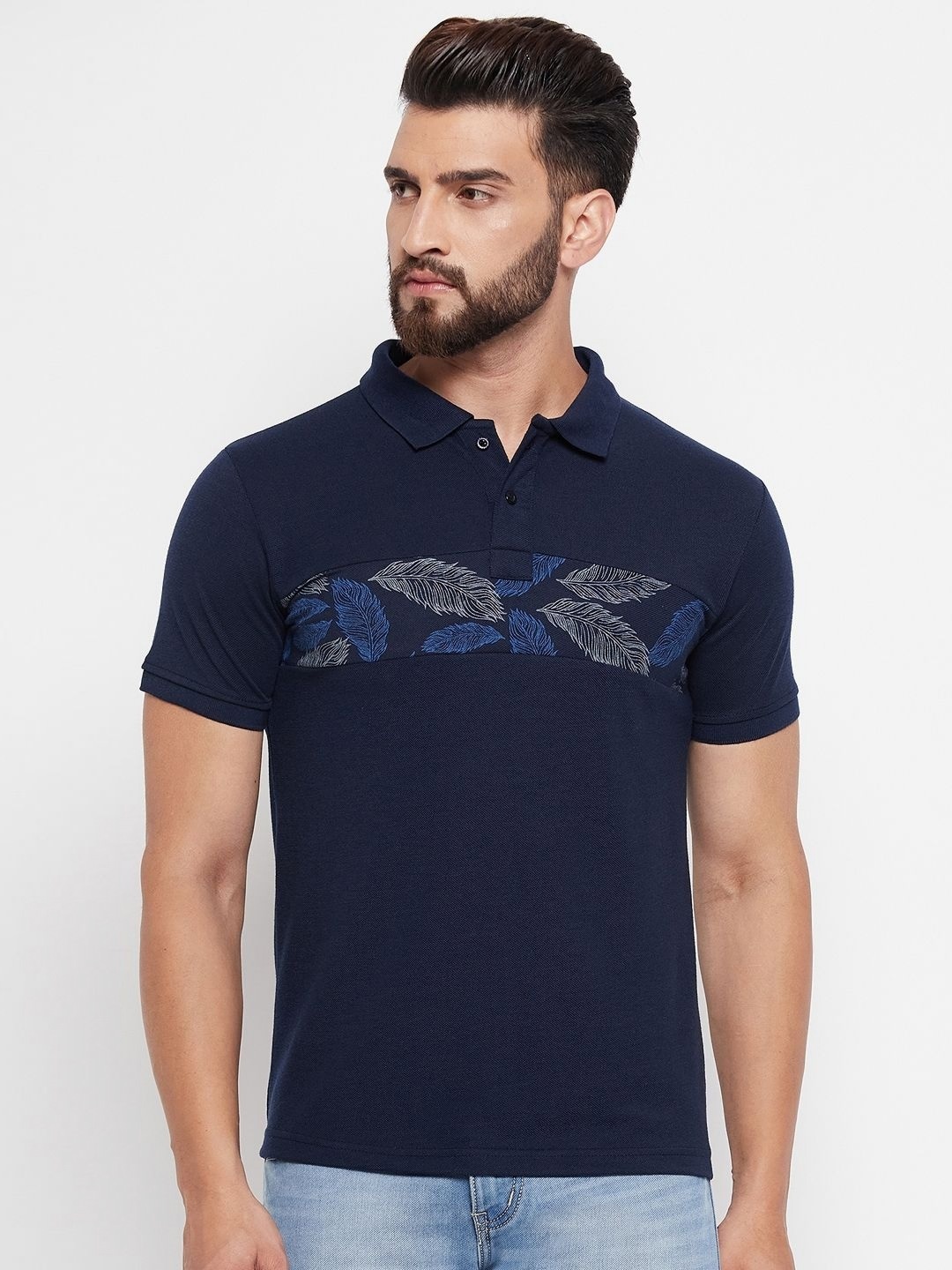 

MXN Men Floral Printed Polo Collar Cotton T-shirt, Navy blue