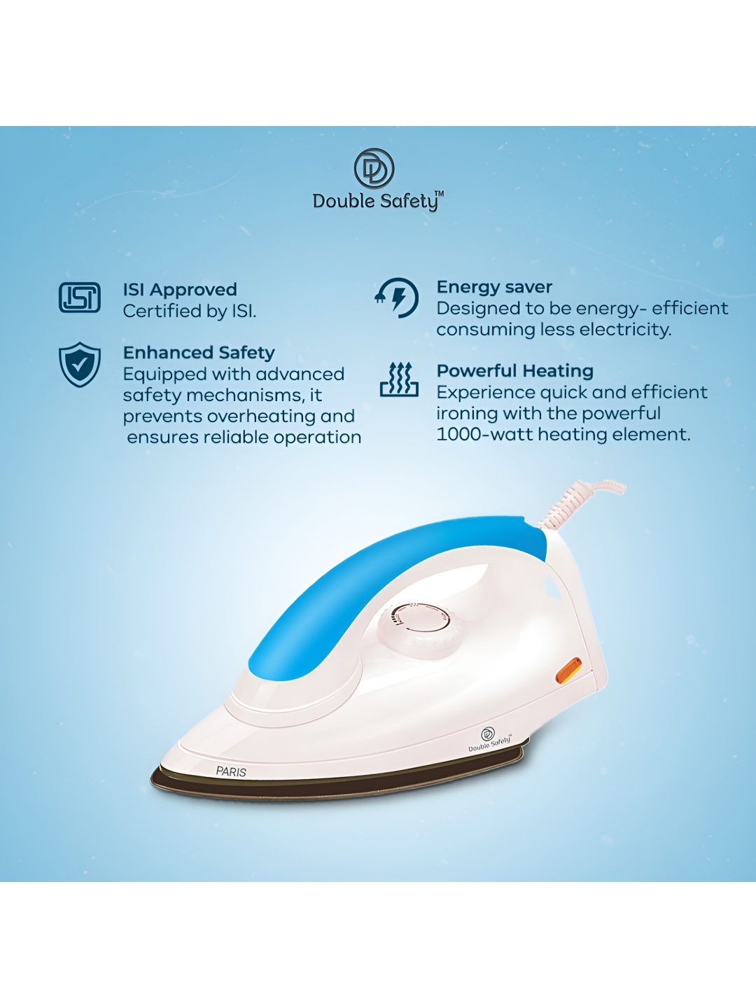 

Double Safety Paris 1000W Dry Iron, Blue