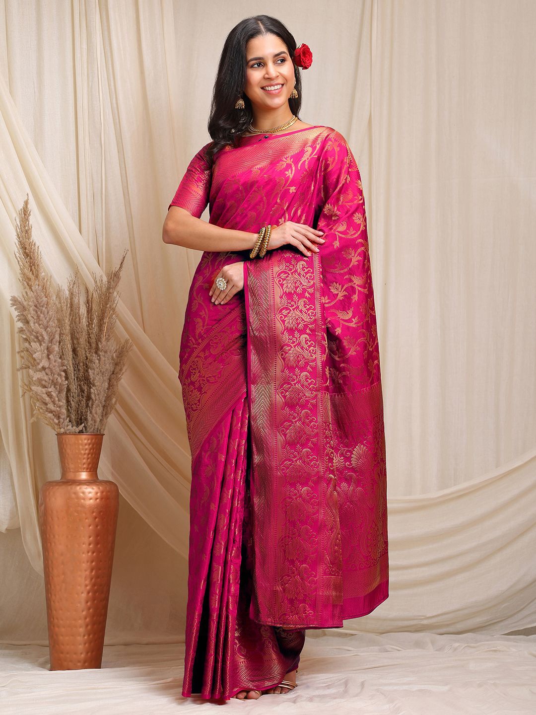 

KAVINDI Women's Woven Design Zari Pure Silk Banarasi Saree, Pink