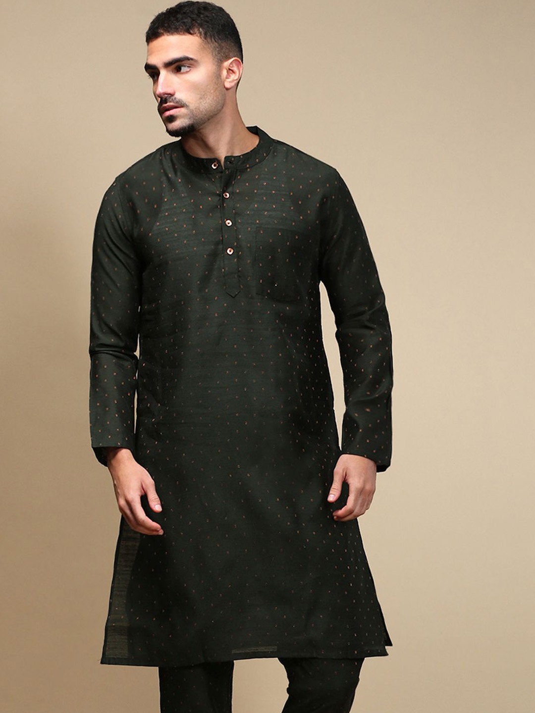 

WHITE HEART Ethnic Motifs Jacquard Mandarin Collar Straight Kurta, Green