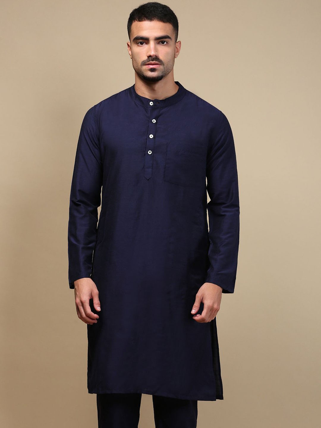 

WHITE HEART Band Collar Jacquard Straight Kurta, Navy blue