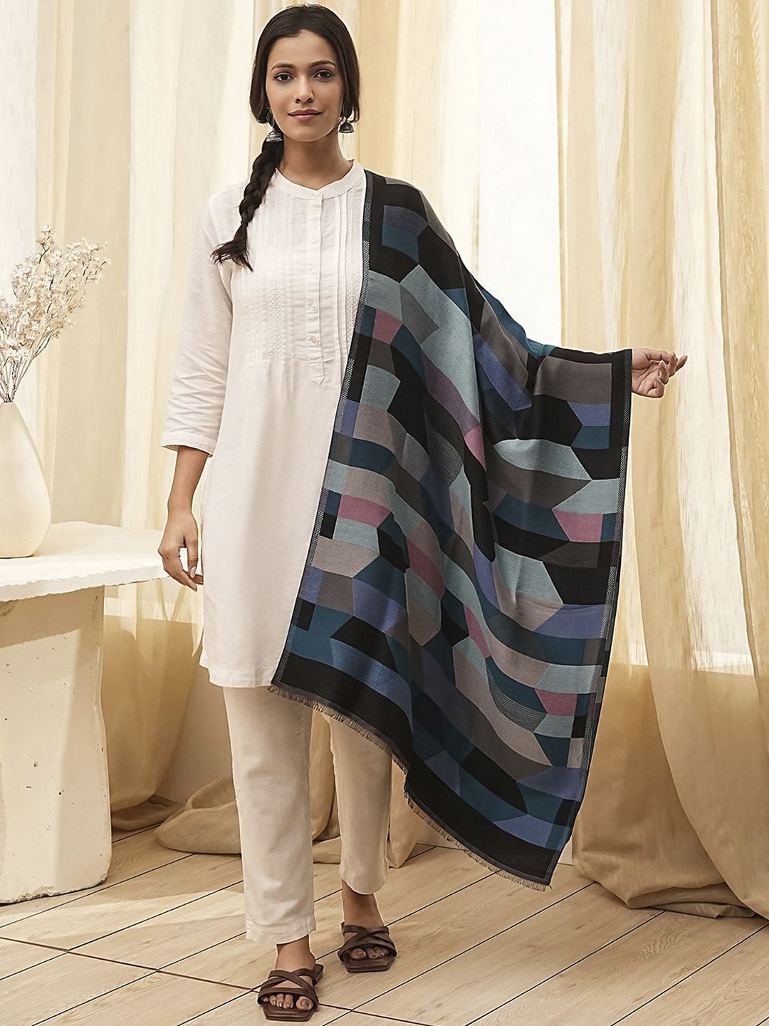 

Biba Geometric Printed With Fringed Border Shawl, Black