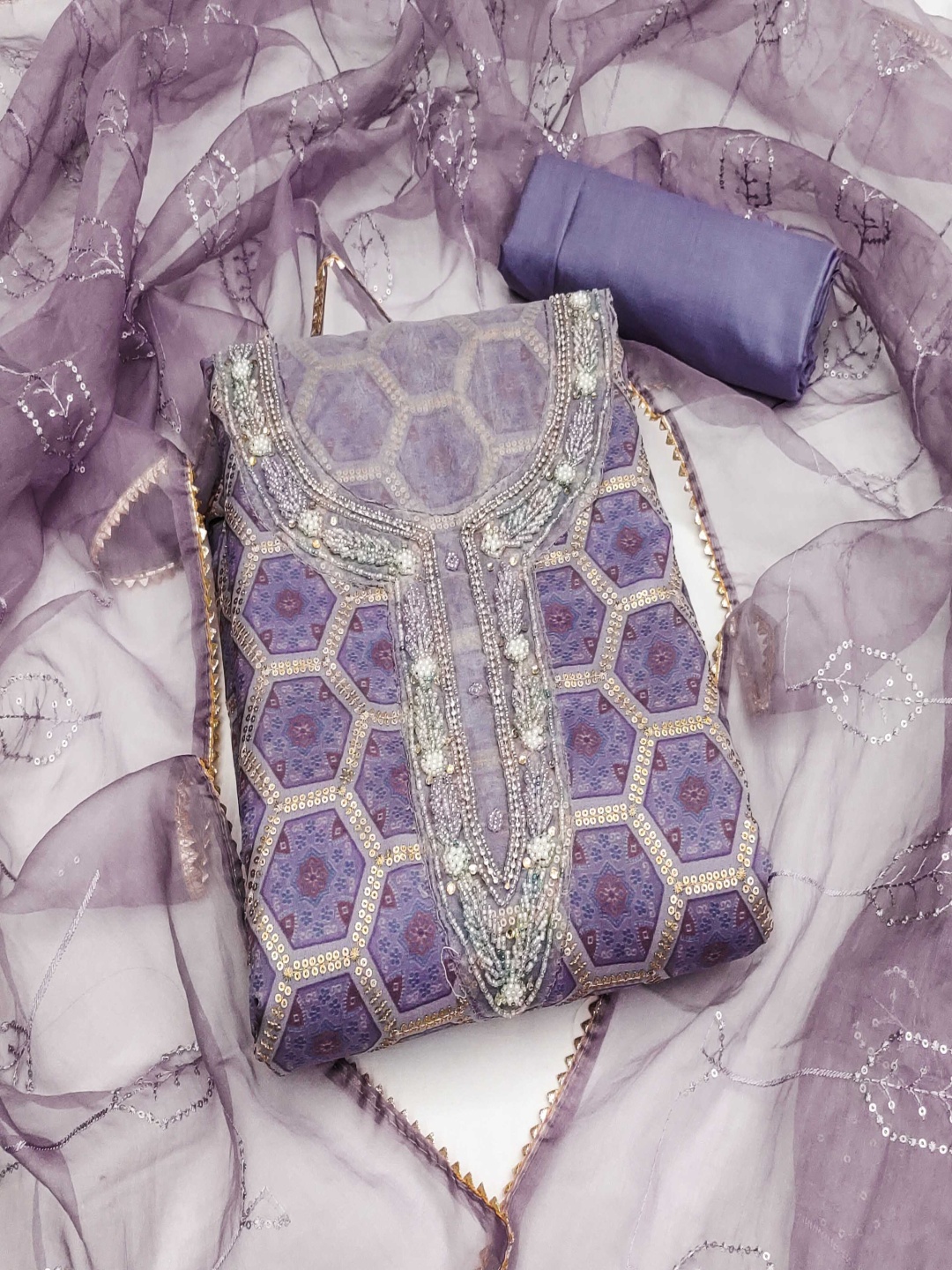 

Blissta Floral Printed Beads And Stones Unstitched Dress Material, Purple