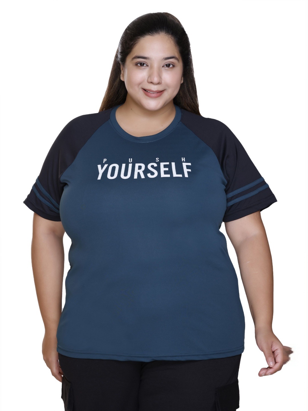 

White Moon Women Plus Size Typography Printed Round Neck T-shirt, Navy blue