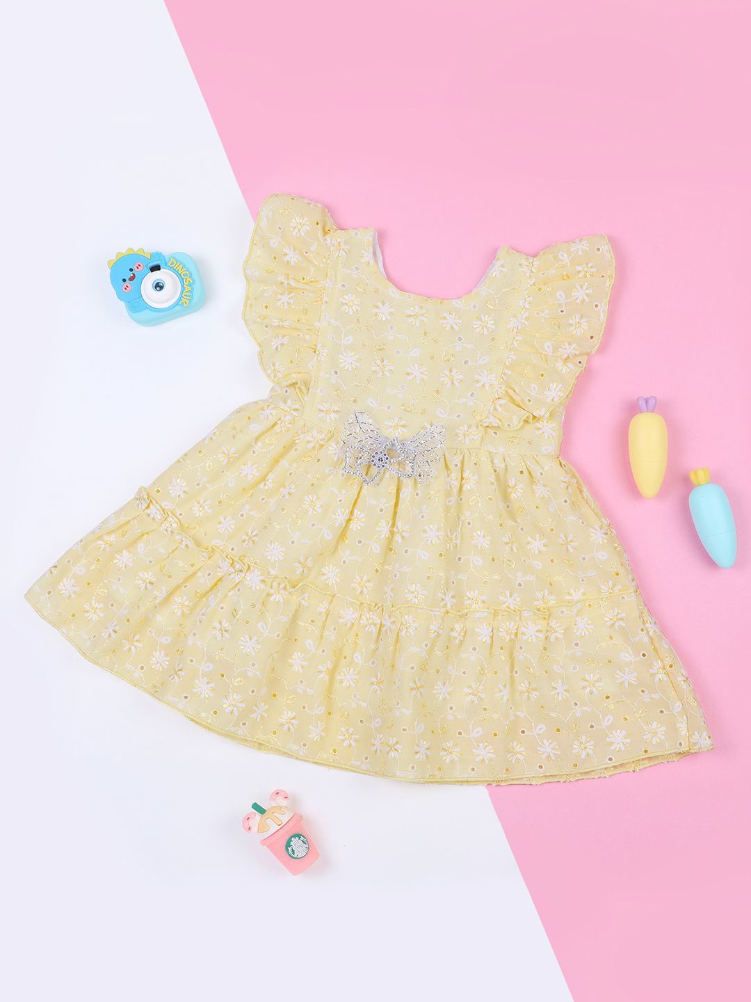 

Macwin Girls Floral Embroidered Fit & Flare Flutter Sleeves Dress, Yellow