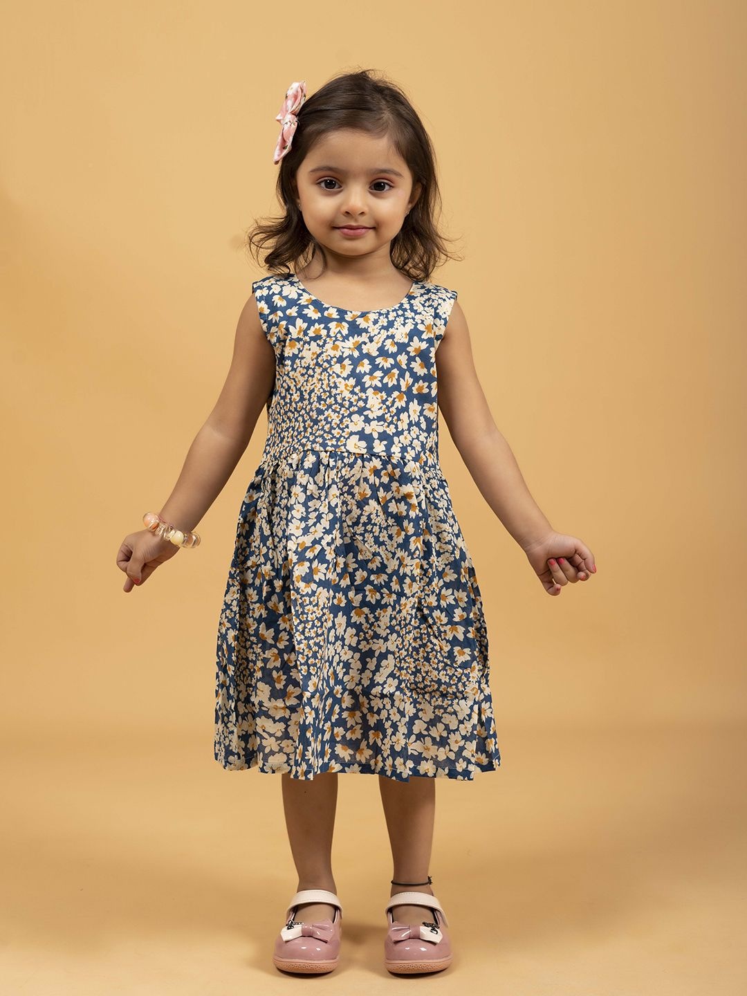 

SPARSA Girls Pure Cotton Floral Printed Fit & Flare Dress, Blue