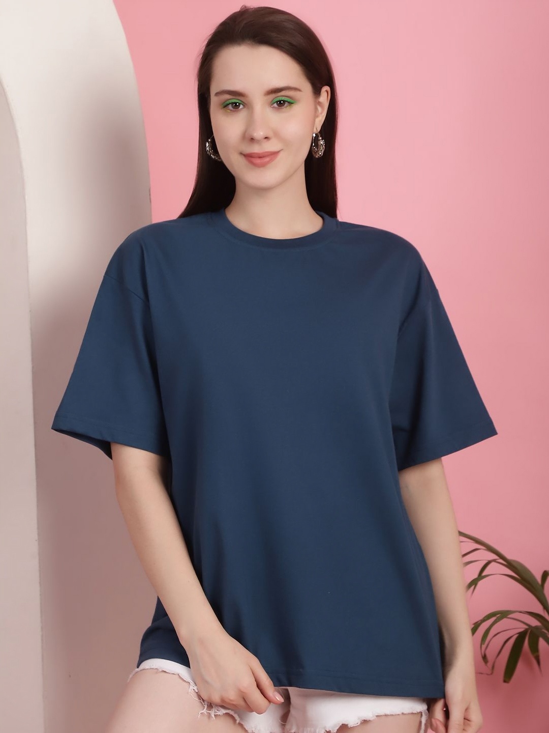 

Dreambe Women Fusion Typography Printed Round Neck Cotton Oversized T-shirt, Blue