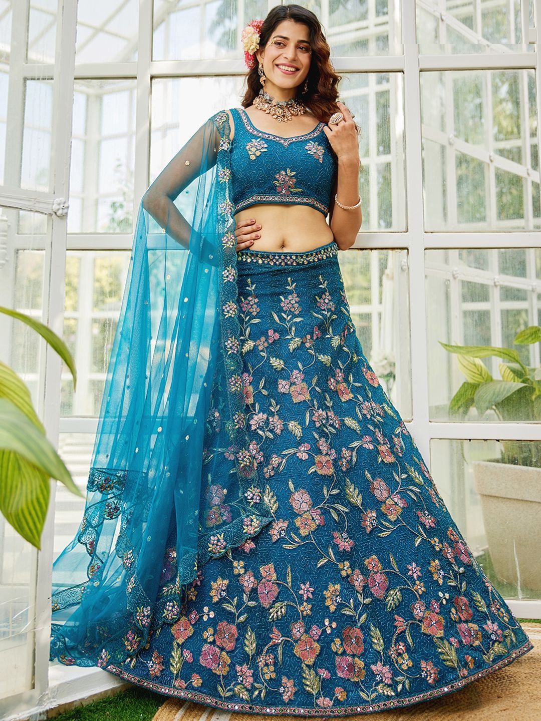 

panchhi Floral Embroidered Sequinned Semi-Stitched Lehenga & Unstitched Blouse Set, Navy blue