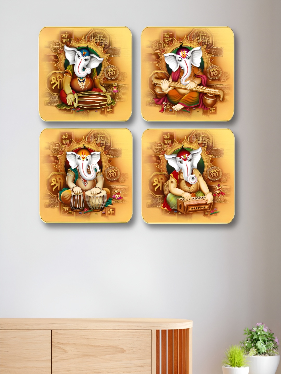 

Myntra Elegant Homes Yellow & Brown 4 Pieces Lord Ganesha Religious Wooden Wall Art