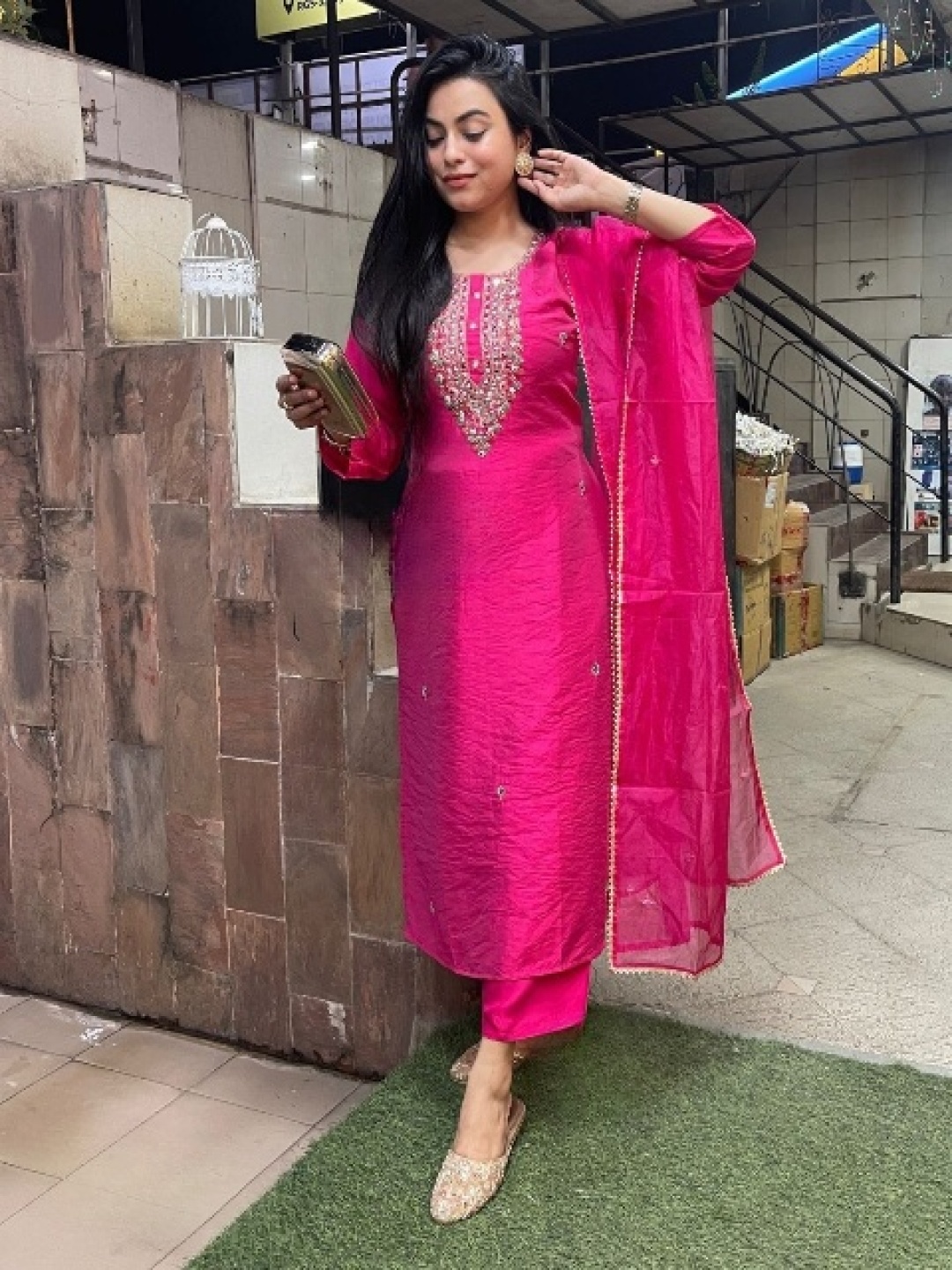 

Fashion Ritmo Floral Embroidered Zari Straight Kurta With Trouser And Dupatta, Pink