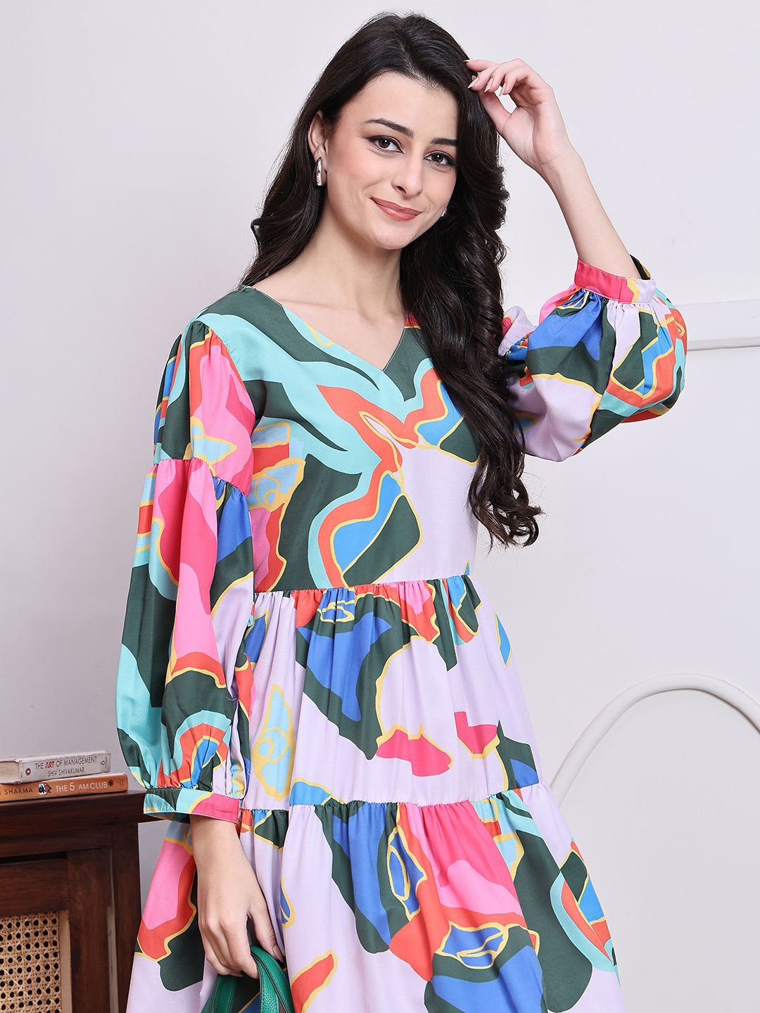 

JAINISH Print Puff Sleeve Fit & Flare Dress, Pink