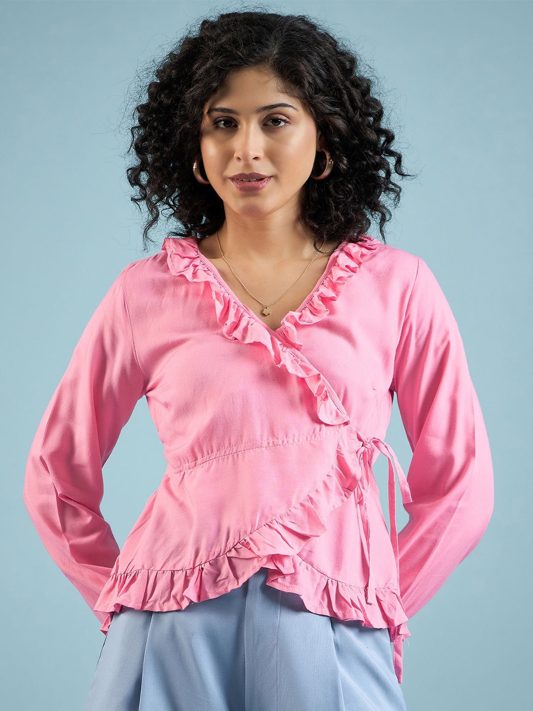 

DressBerry Women Ruffles Wrap Top, Pink
