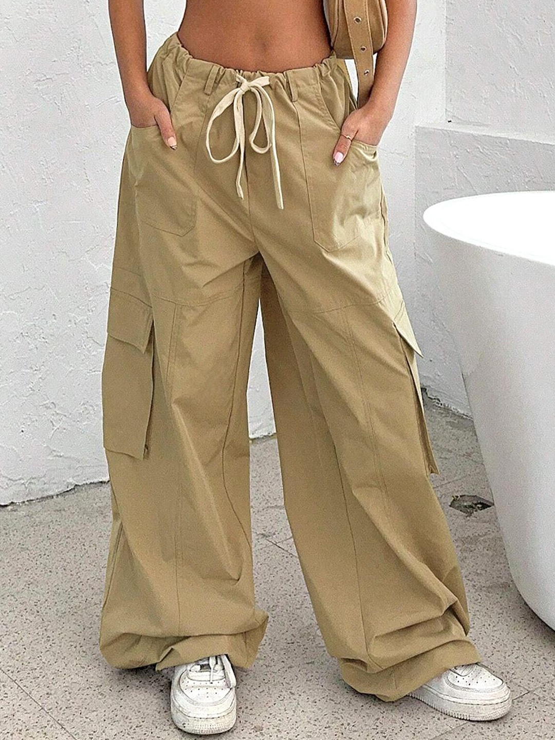

StyleCast Women Relaxed Fit Mid-Rise Cotton Cargos, Khaki