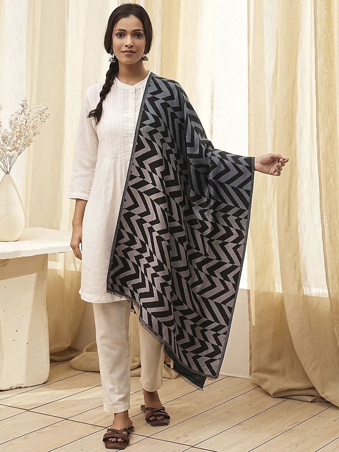

Biba Chevron Woven Design Shawl, Navy blue