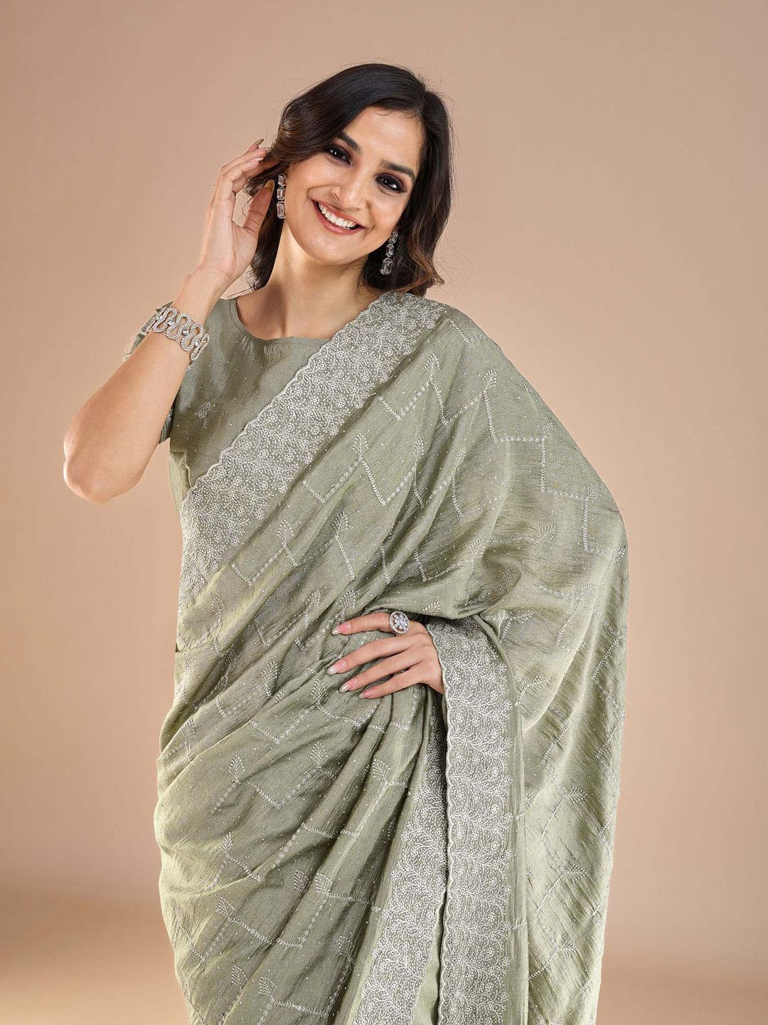 

Anouk Floral Embroidered Beads and Stones Saree, Sea green