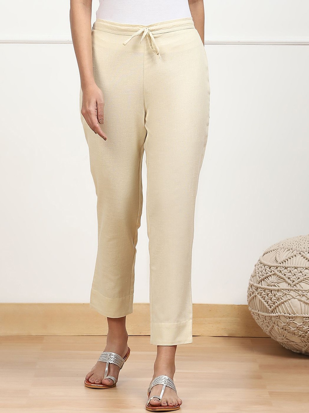 

Biba Women Relaxed Low-Rise Cotton Cigarette Trousers, Beige