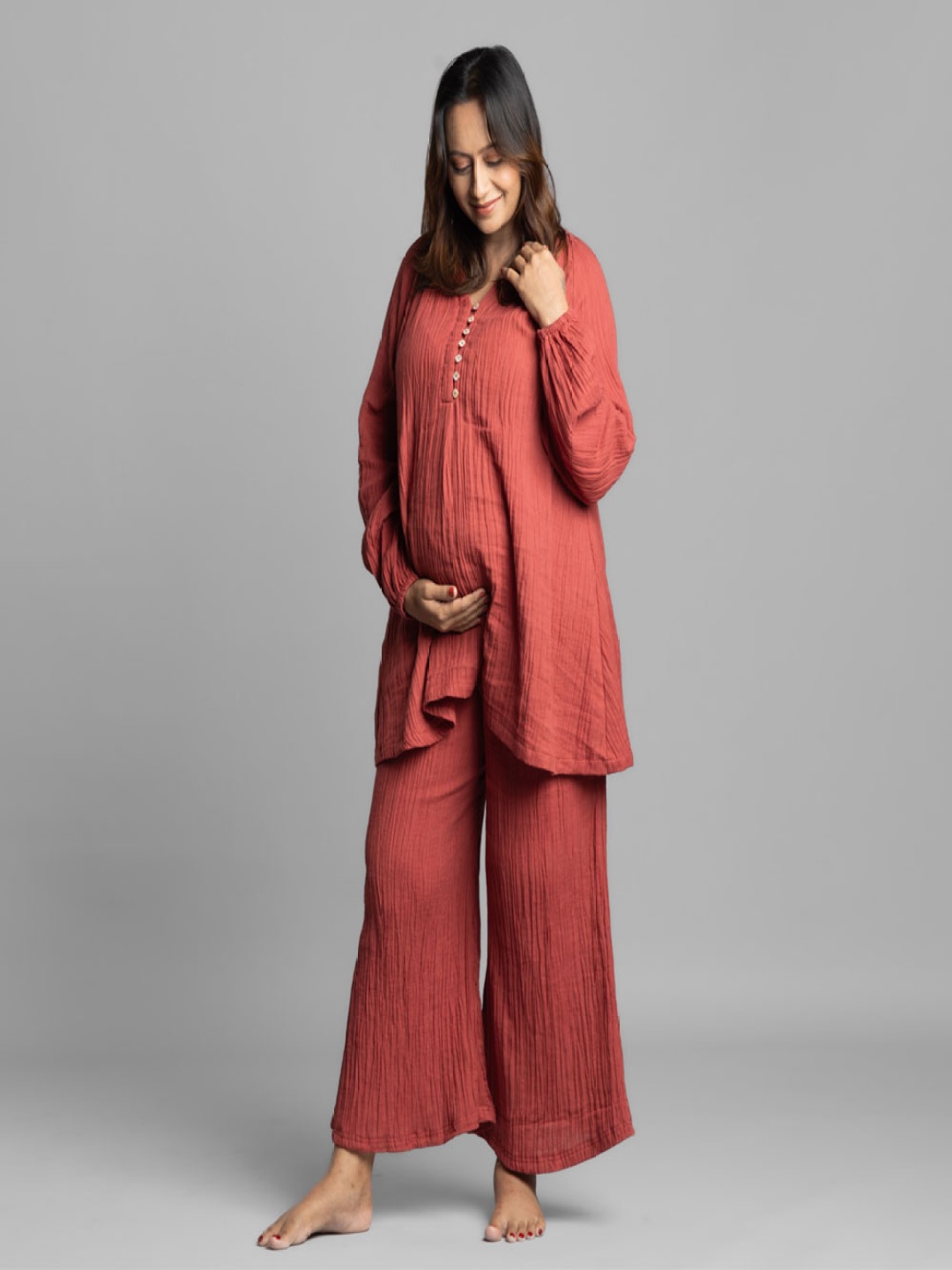 

Block Hop Maternity V-Neck Pure Cotton Tunic & Trouser, Red