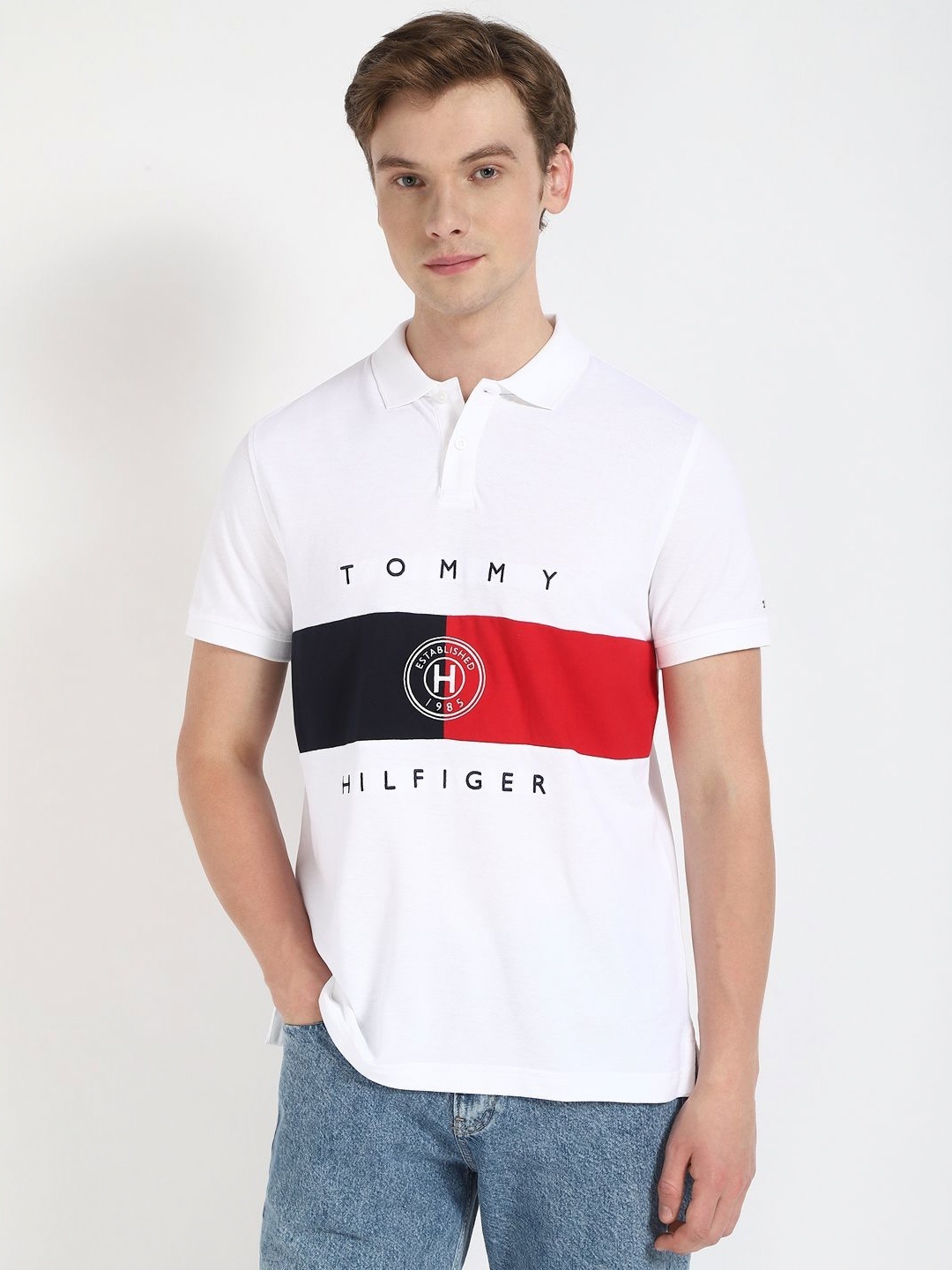 

Tommy Hilfiger Men Typography Printed Polo Collar Cotton T-shirt, White