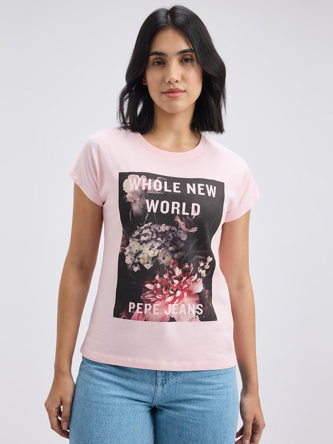 

Pepe Jeans Women Graphic Printed Round Neck Cotton Relaxed Fit T-shirt, Pink