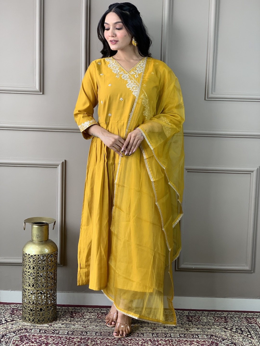 

choiceit Floral Embroidered Anarkali Kurta With Trouser & Dupatta, Yellow