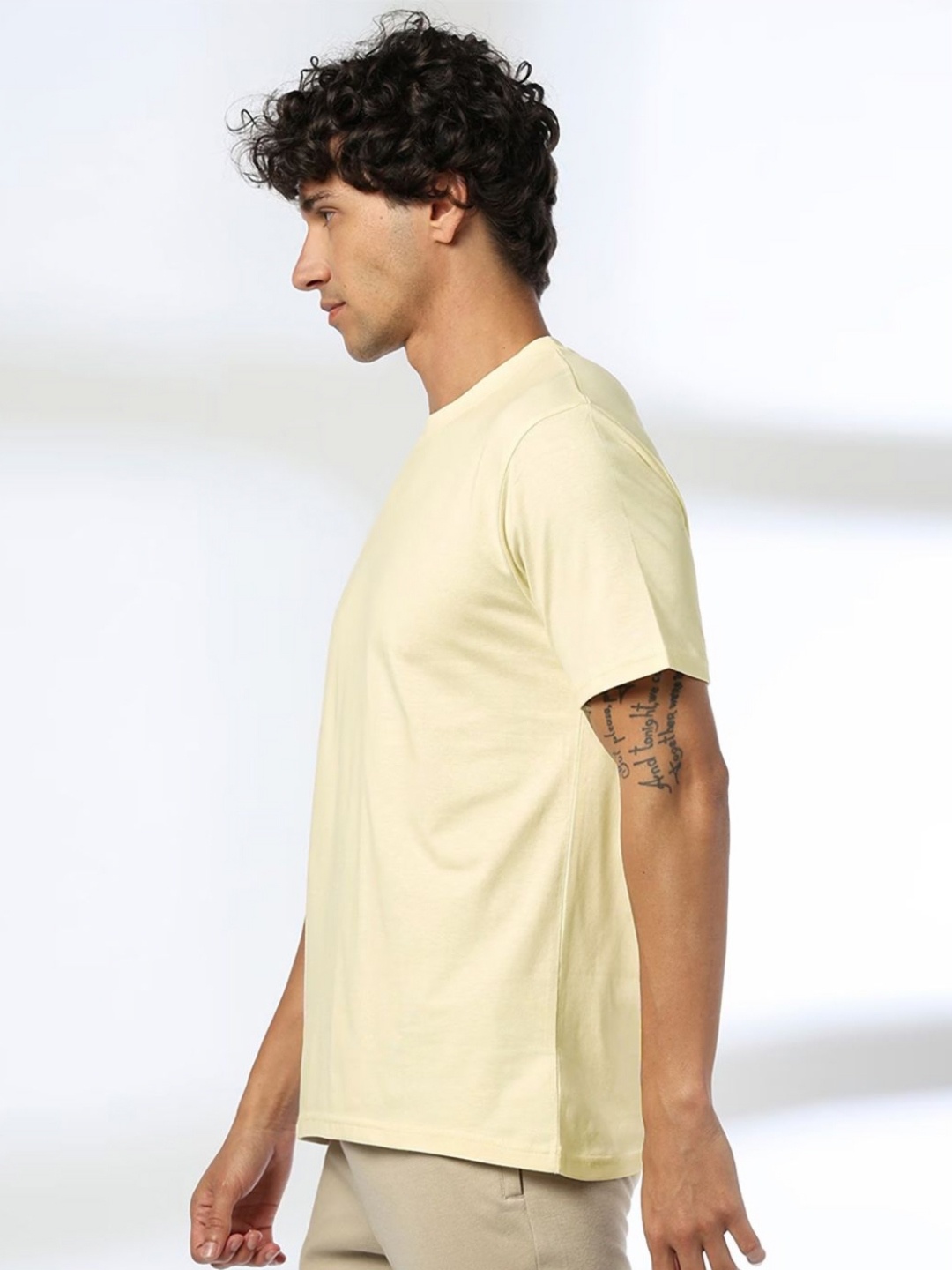 

SONIBROS Men Solid Round Neck Cotton T-shirt, Cream