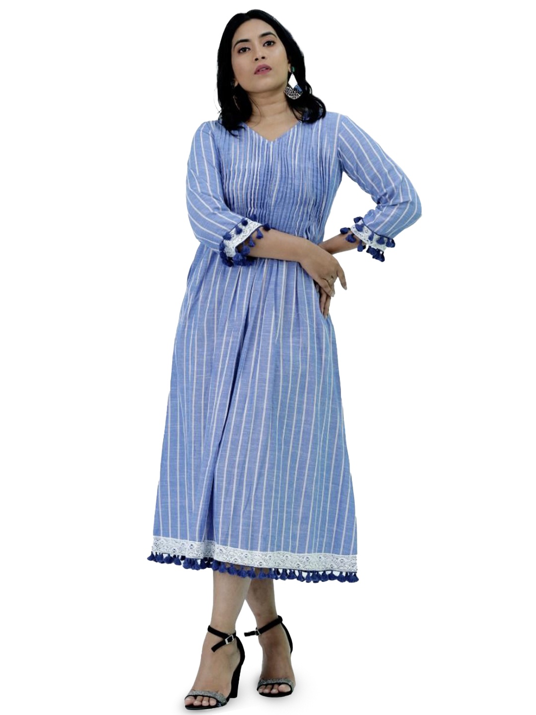 

Silselah V-Neck Striped A-Line Ethnic Dress, Blue