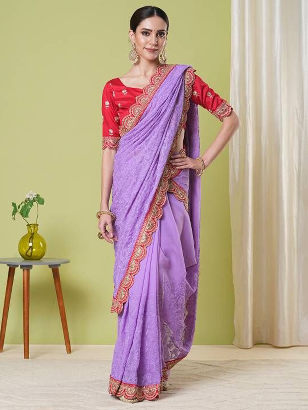 

HI FI NX Paisley Embroidered Pure Georgette Banarasi Saree, Purple