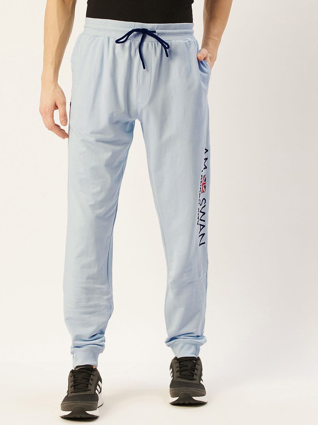 

AMSWAN Men Printed Cotton Mid-Rise Joggers, Blue