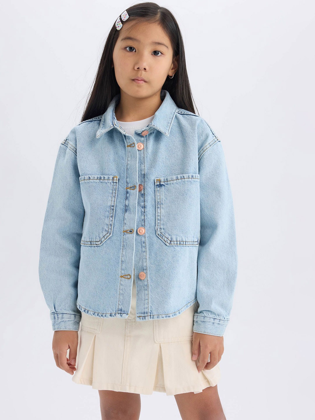 

DeFacto Girls Spread Collar Washed Solid Cotton Casual Denim Jacket, Blue