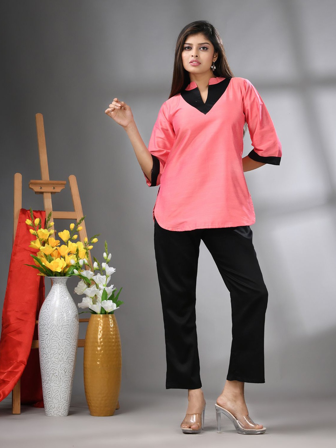 

Charukriti Women Mandarin Collar Solid Silk Casual Shirt, Pink
