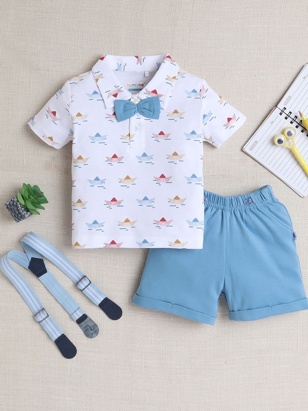 

BUMZEE Boys Pure Cotton Printed T-shirt with Shorts, White