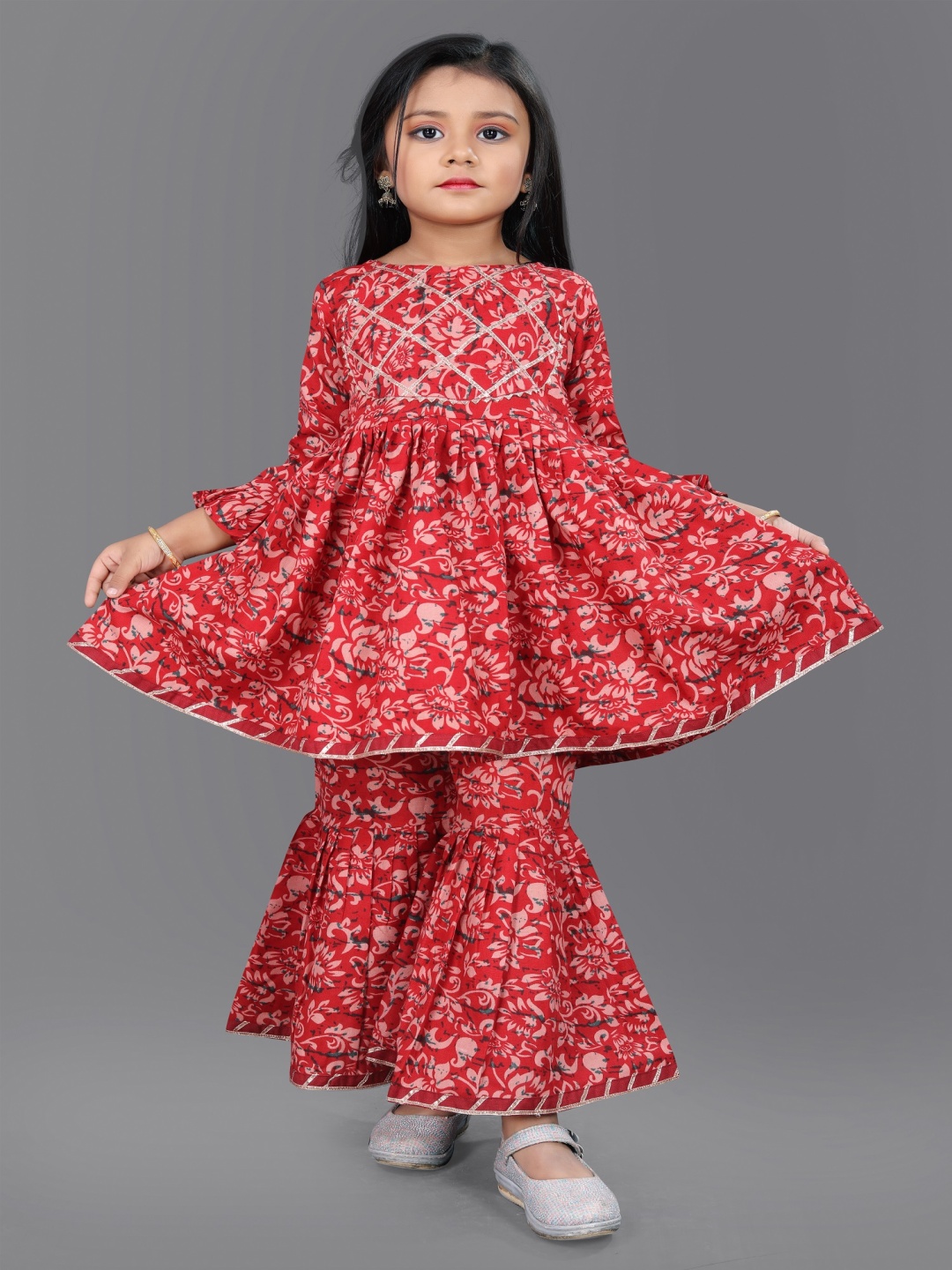 

Aarya Designer Girls Floral Embroidered Angrakha Gotta Patti Kurta with Sharara, Red