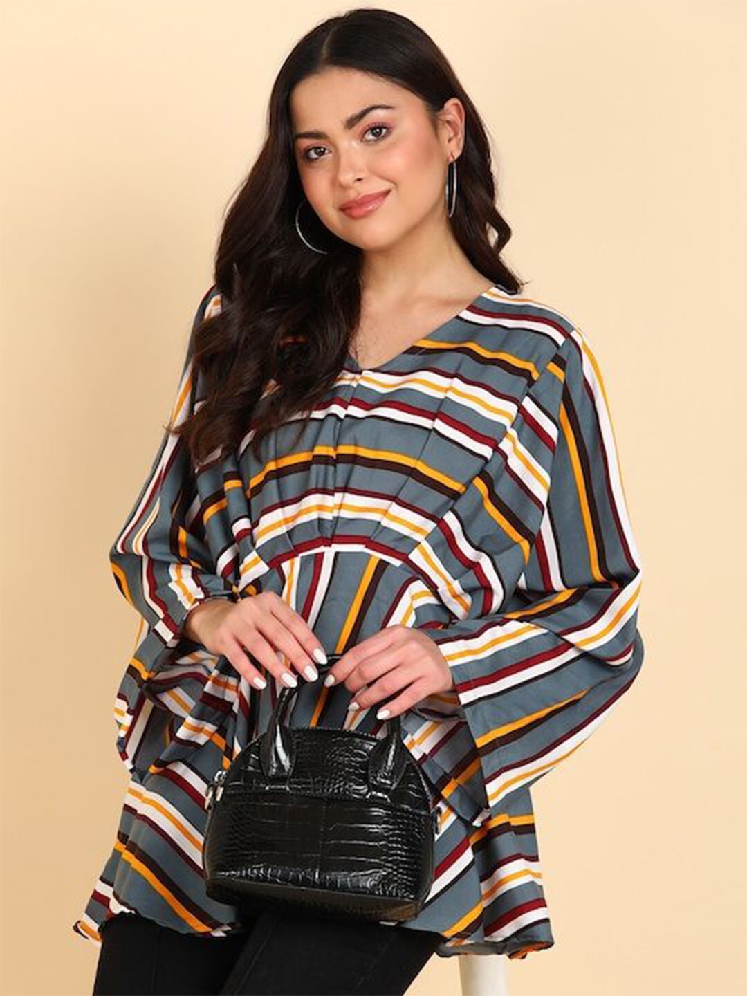 

DressBerry Striped Flared Sleeve Peplum Top, Grey