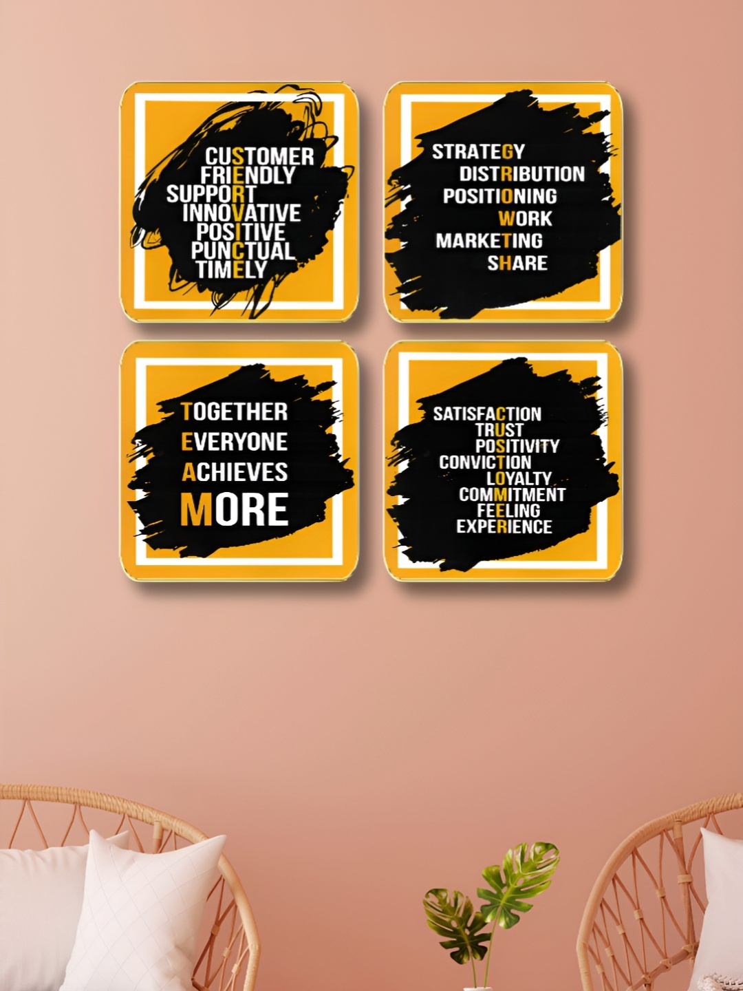 

Myntra Elegant Homes Yellow & Black 4 Pieces Motivational Quotes Wooden Wall Art