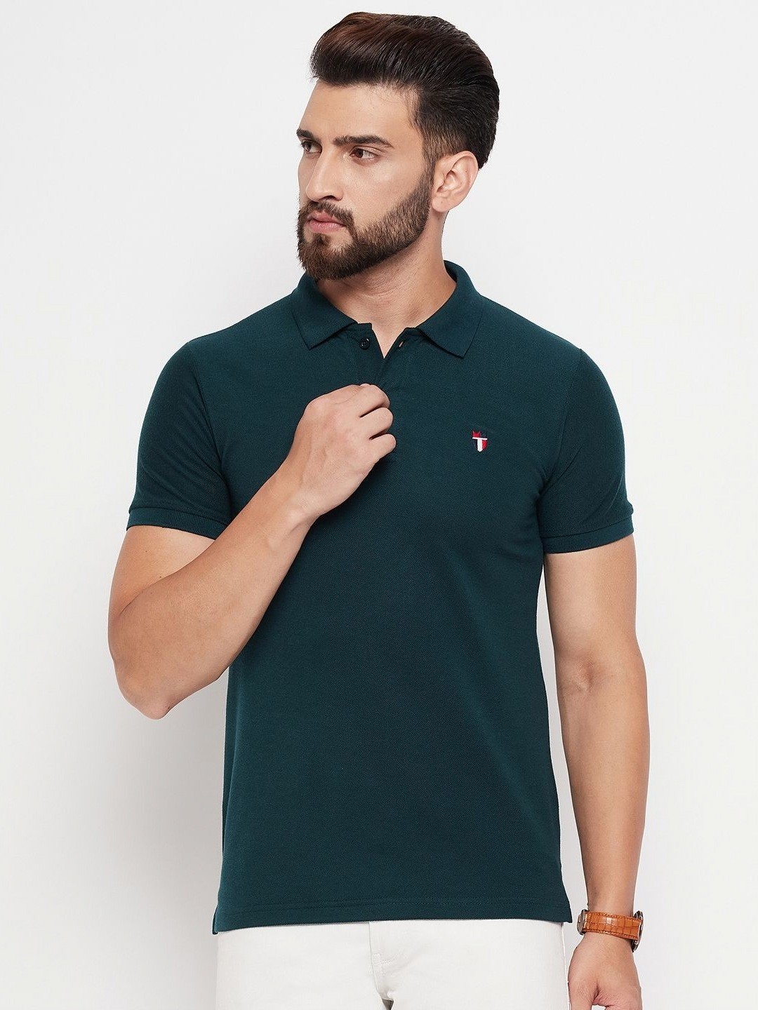 

MXN Men Solid Polo Collar Cotton T-shirt, Green
